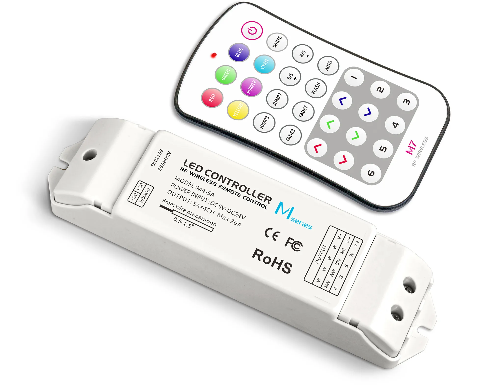 M7+M4-5A  Remote Control+Receiver CV RGB Controller, 12/24 V DC, 108/216W, 9A (3A x 3CH), 40m remote range.